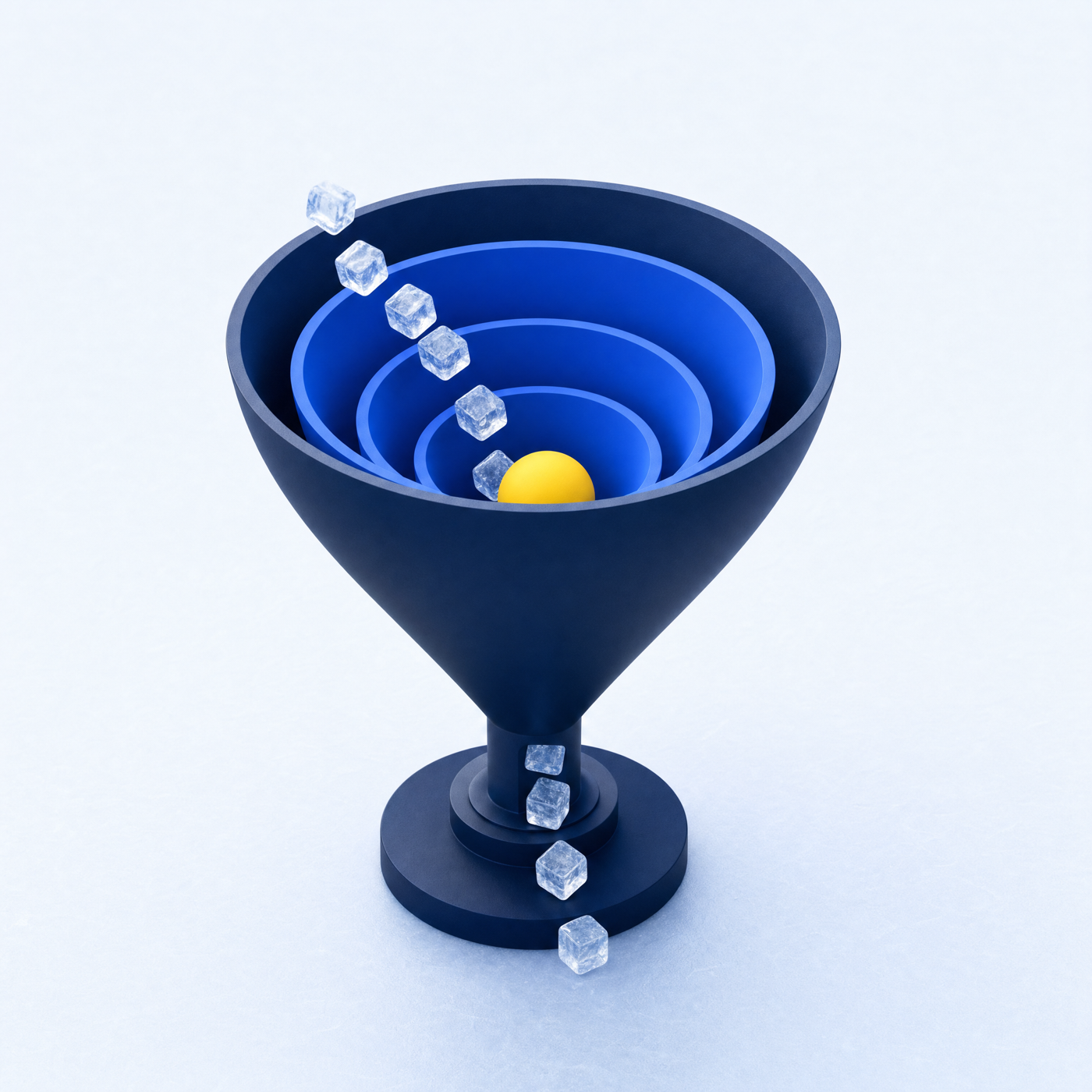 A precision funnel focusing scattered blocks onto one yellow point